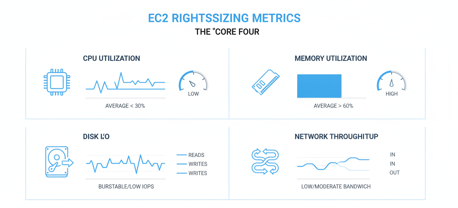 An infographic visually representing the four core CloudWatch metrics essential for EC2 rightsizing: CPU Utilization, Memory Utilization, Disk I/O, and Network Throughput. Each metric is depicted with a relevant icon and a simplified graph, illustrating their importance in assessing instance performance and identifying optimization opportunities.