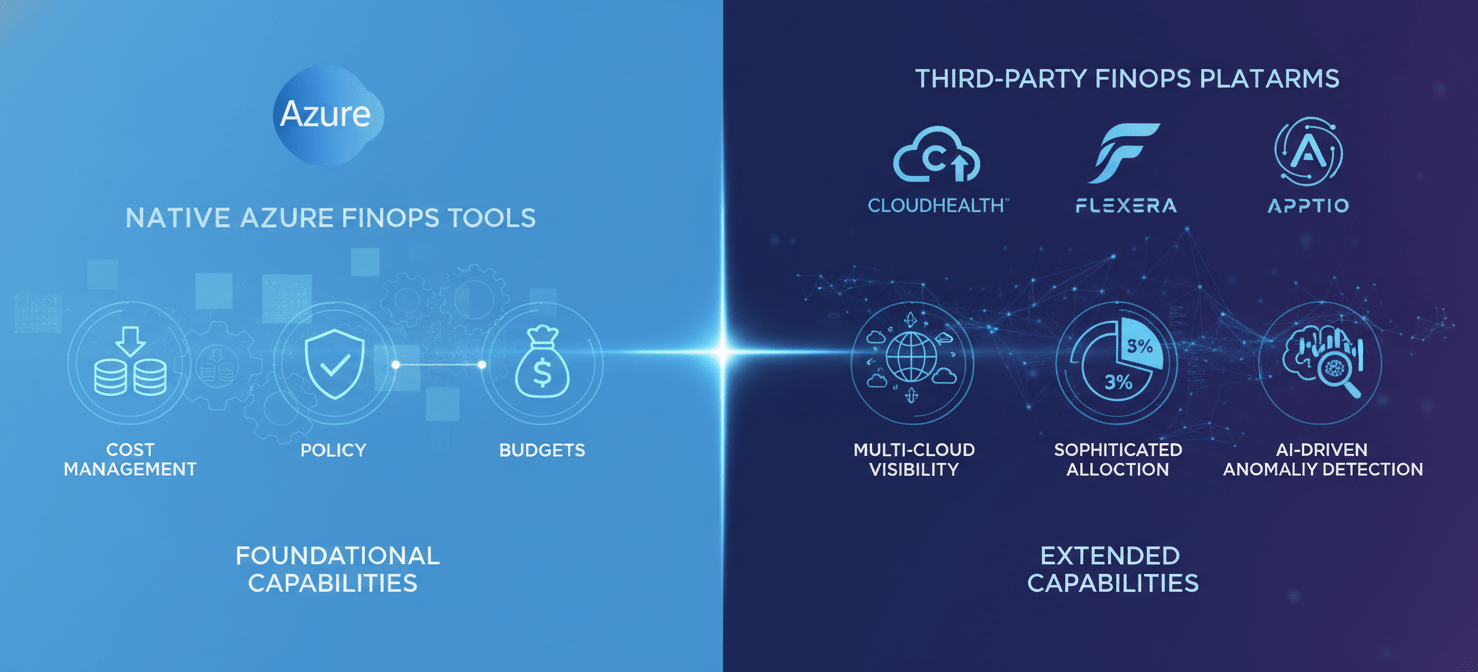 Conceptual diagram comparing native Azure FinOps tools with advanced third-party FinOps platforms, highlighting the extended capabilities of third-party solutions for multi-cloud environments and sophisticated cost allocation.