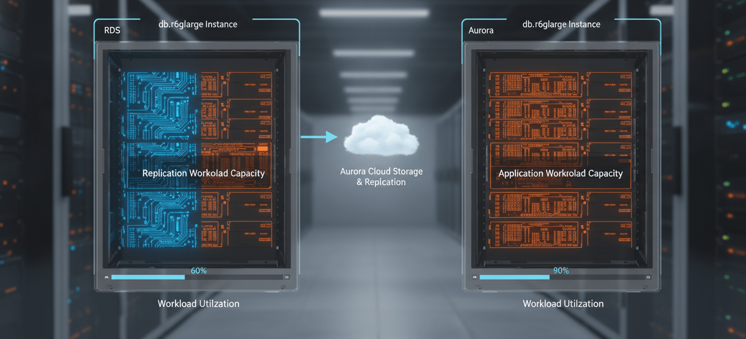 Conceptual illustration comparing the effective compute capacity of an RDS instance versus an Aurora instance of the same size. The Aurora instance shows more available resources for application workload due to offloading replication and logging to its distributed storage layer.
