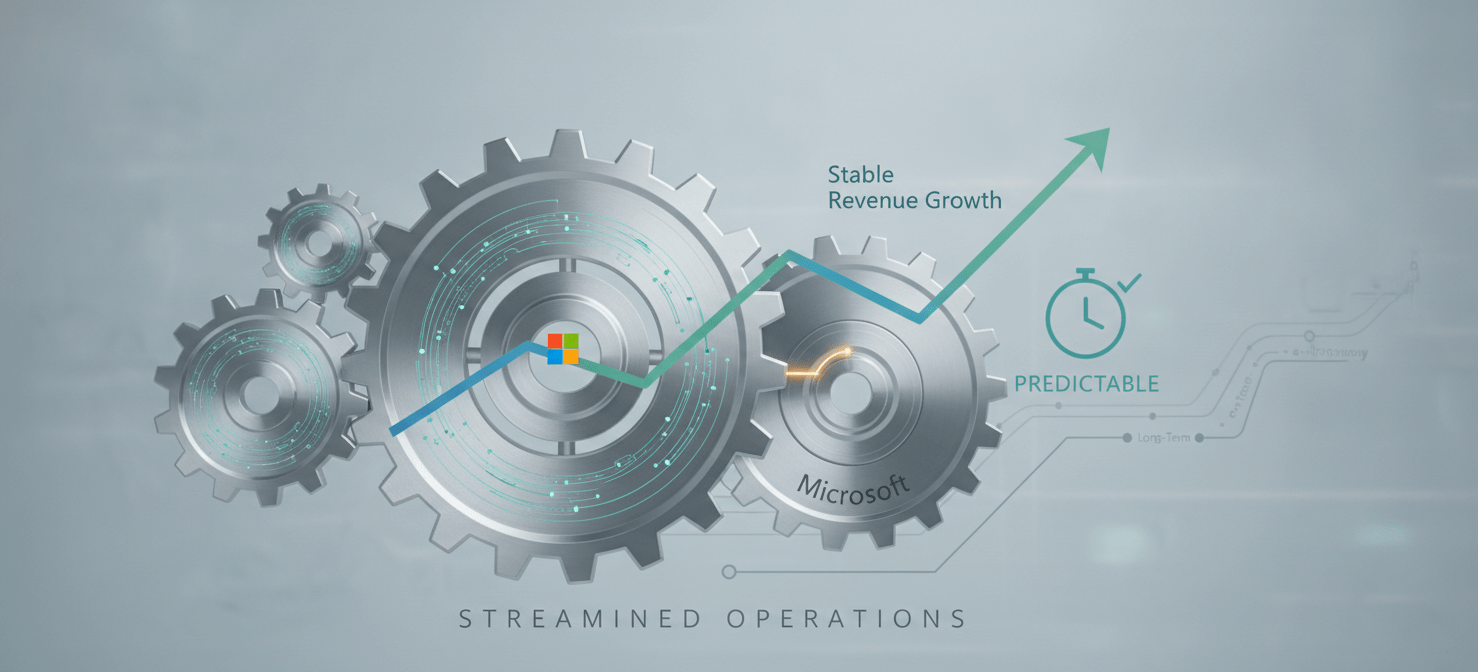 Conceptual illustration depicting interlocking gears and a stable financial graph, symbolizing Microsoft's strategic goals of standardizing licensing processes and achieving more predictable revenue streams through the New Commerce Experience.