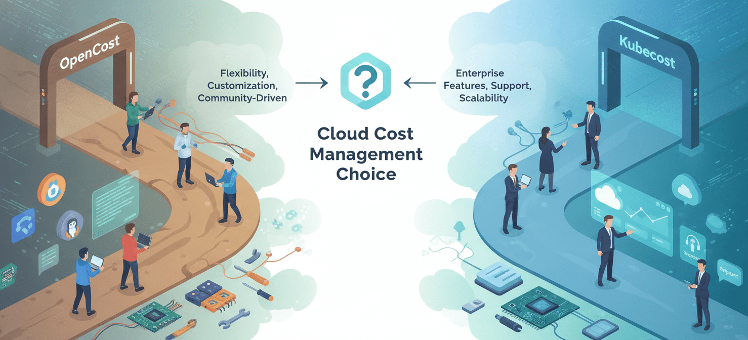 Decision-making illustration guiding the choice between OpenCost and Kubecost for EKS environments. One path highlights OpenCost for teams preferring open-source, customizability, and Prometheus/Grafana expertise, while the other points to Kubecost for those needing a turnkey solution, advanced features, and dedicated support.