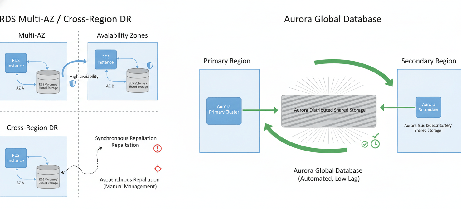 Diagram comparing the high availability and disaster recovery architectures of RDS Multi-AZ/Cross-Region with Aurora Global Database, highlighting the differences in complexity and automation.