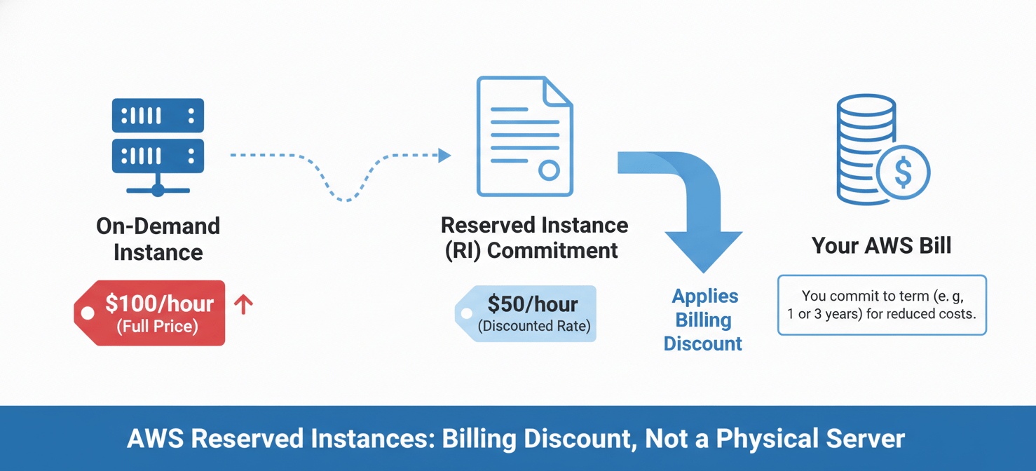 Diagram explaining AWS Reserved Instances as a billing discount, not a physical server. It shows an On-Demand instance running, with a separate Reserved Instance commitment applying a significant discount to the bill, illustrating the financial mechanism rather than a capacity reservation.