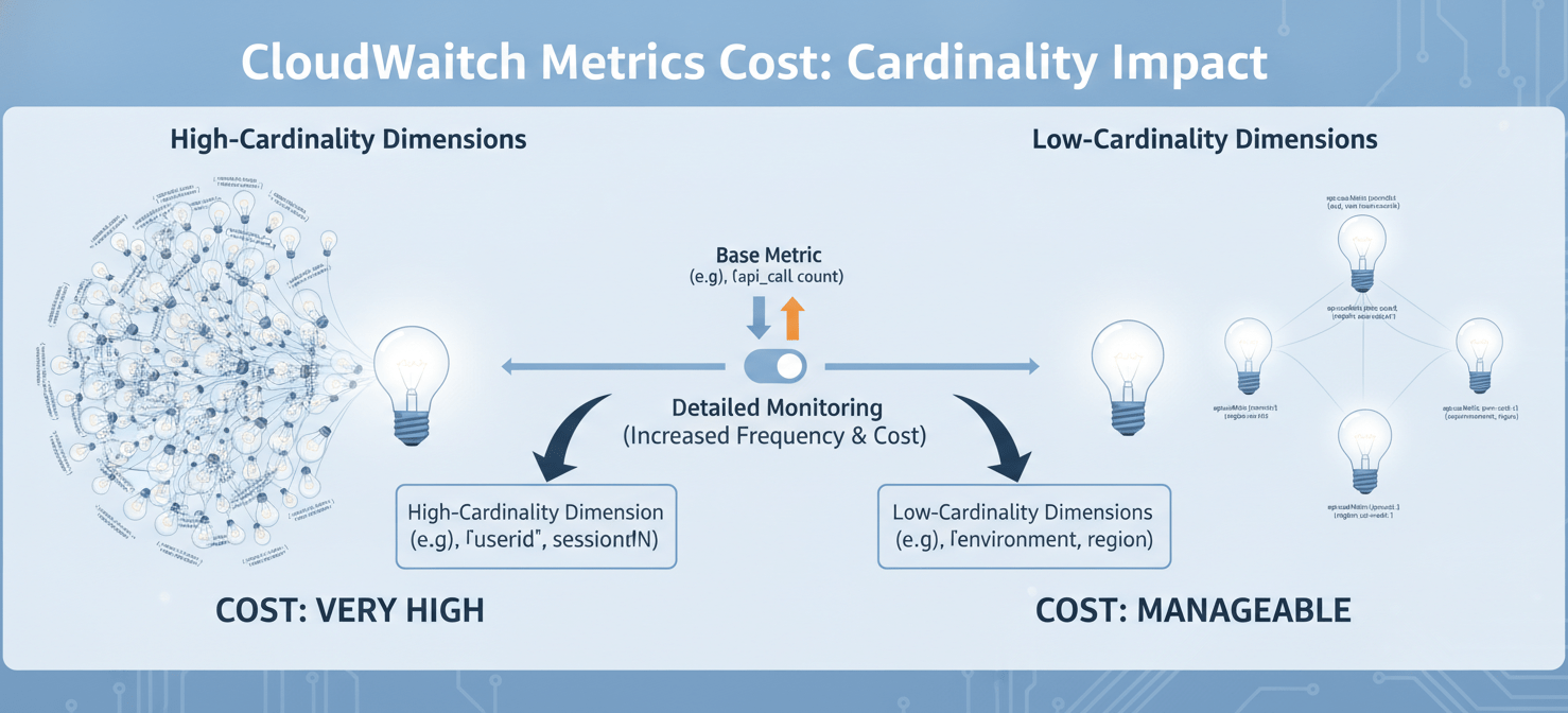 Diagram explaining how high-cardinality dimensions in CloudWatch metrics lead to an exponential increase in billed metrics, contrasting it with optimized, low-cardinality metric design.
