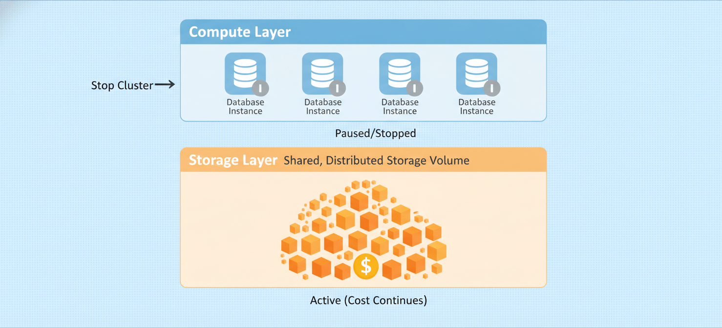 Diagram illustrating Amazon Aurora's decoupled architecture, showing compute instances as paused while the shared, distributed storage layer remains active and continues to incur costs, explaining why storage doesn't stop billing.