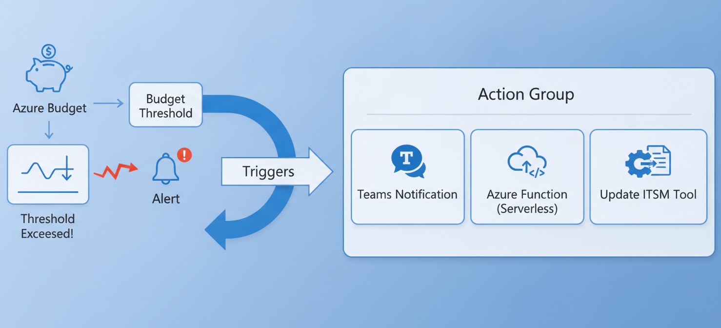 Diagram illustrating the automation of cost control: an Azure Budget exceeding its threshold triggers an alert, which then activates an Action Group to send notifications or initiate automated responses.