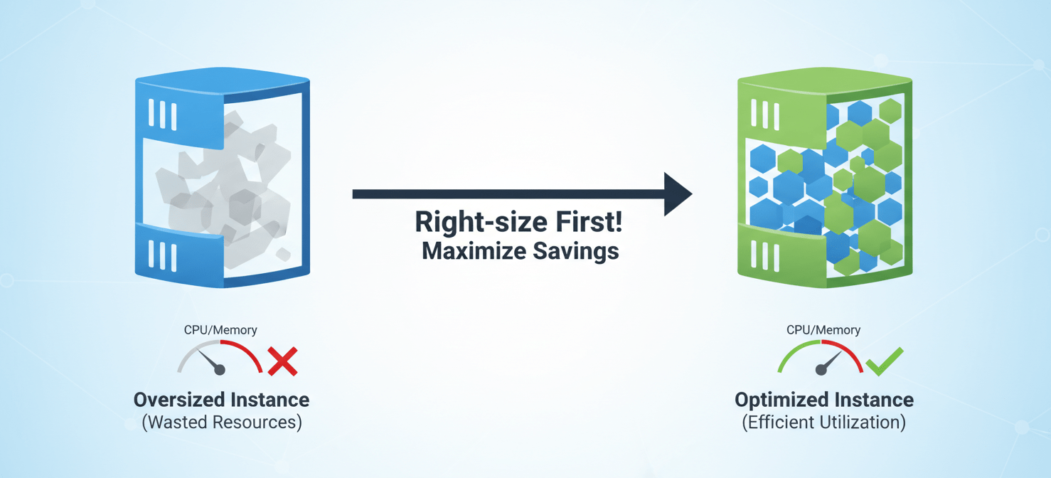 Diagram illustrating the best practice of right-sizing cloud instances before purchasing reservations. It depicts an oversized server being optimized to a smaller, more efficient configuration, emphasizing that proper resource allocation is crucial for maximizing savings from commitments.