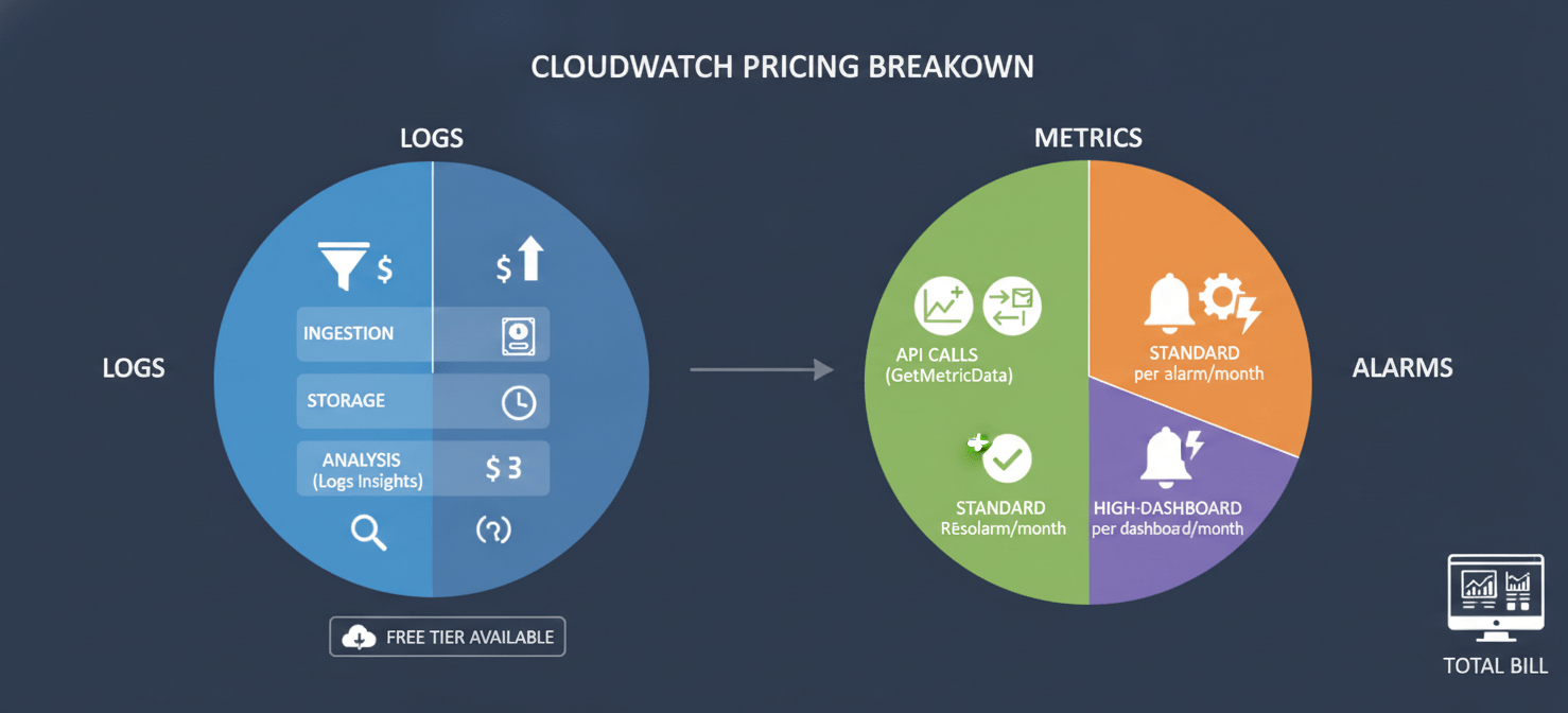 Diagram illustrating the breakdown of CloudWatch pricing, detailing costs for logs (ingestion, storage, analysis), custom metrics, alarms, and dashboards to help understand the bill.