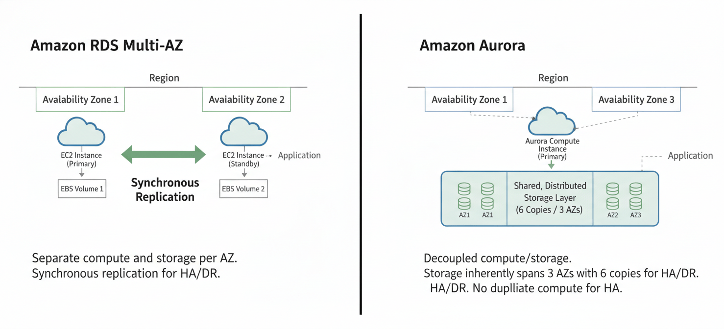 Diagram illustrating the core architectural differences between RDS Multi-AZ and Aurora's distributed storage for high availability. RDS shows duplicate compute and storage, while Aurora demonstrates a single compute layer interacting with a resilient, shared storage fabric spanning multiple AZs.