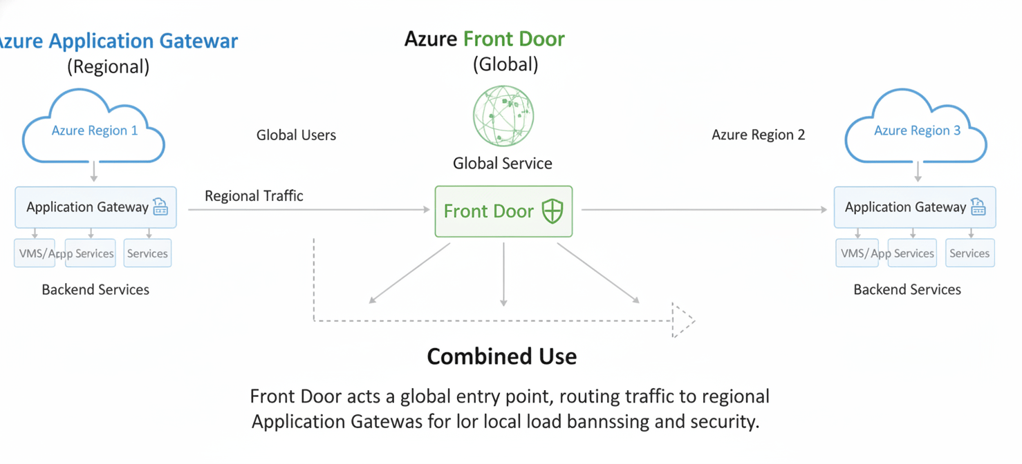 Diagram illustrating the distinct roles of Azure Application Gateway as a regional load balancer and Azure Front Door as a global traffic manager, showing how they can be combined for a hybrid, multi-region architecture.