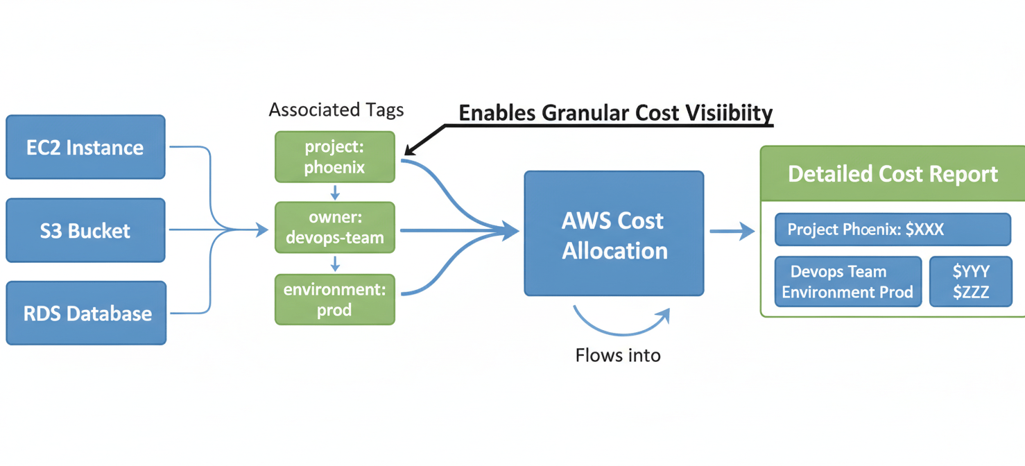 Diagram illustrating the flow of cost allocation through AWS resource tagging, showing how key-value pairs like project, owner, and environment on EC2, S3, and RDS instances enable granular cost reporting for different teams and applications.