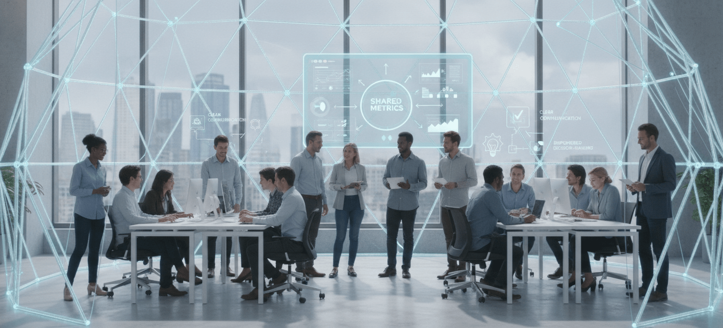 Engineers working productively within a transparent and supportive governance framework, illustrating the concept of 'freedom within a framework' through clear communication, shared metrics, and empowered decision-making.