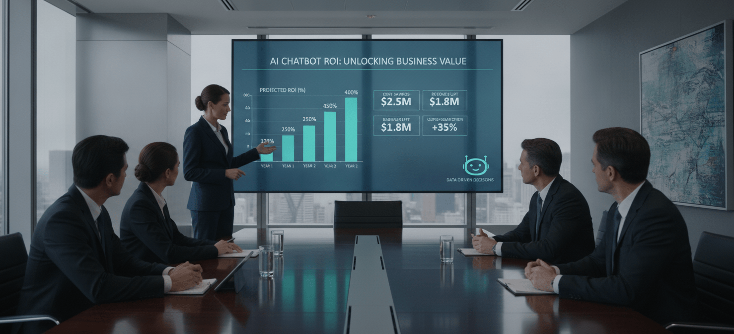 Finance executives in a boardroom reviewing a presentation slide that clearly displays an AI chatbot ROI analysis, featuring key financial metrics and a compelling cash flow chart, emphasizing data-driven decision-making and stakeholder communication.