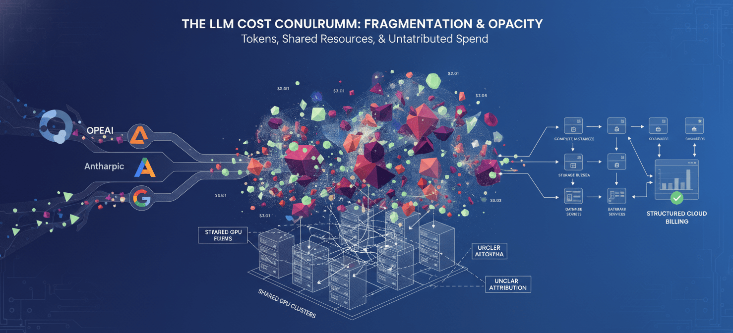 Illustrates the unique challenges of managing Large Language Model (LLM) costs, including the unpredictable nature of token-based pricing, the complexity of attributing shared GPU infrastructure costs, and the fragmented landscape of multiple AI service providers, making traditional FinOps tools inadequate.