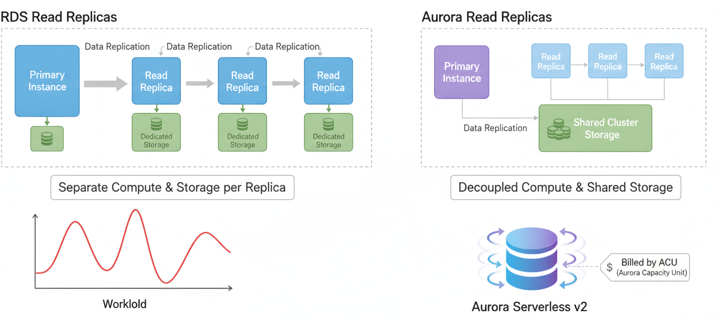 Illustration comparing read replica scaling in RDS (each replica has its own storage) versus Aurora (replicas share storage), and the dynamic scaling of Aurora Serverless v2 for variable workloads.