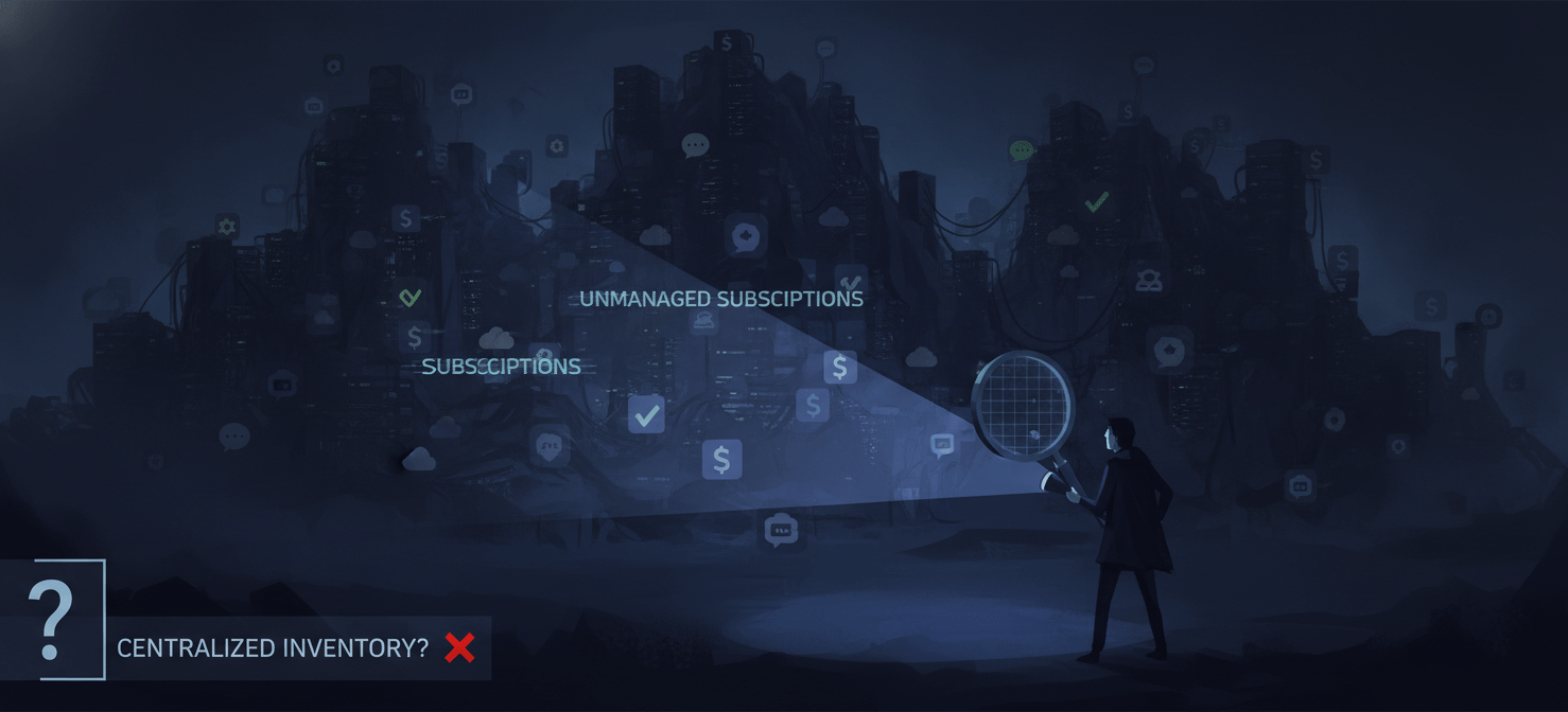 Illustration depicting a FinOps analyst attempting to illuminate a landscape of hidden and unmanaged SaaS applications, symbolizing the 'shadow IT' challenge. This visual emphasizes the difficulty in discovering all active subscriptions, leading to issues like redundant software, inaccurate cost attribution, and wasted spend on untracked licenses.