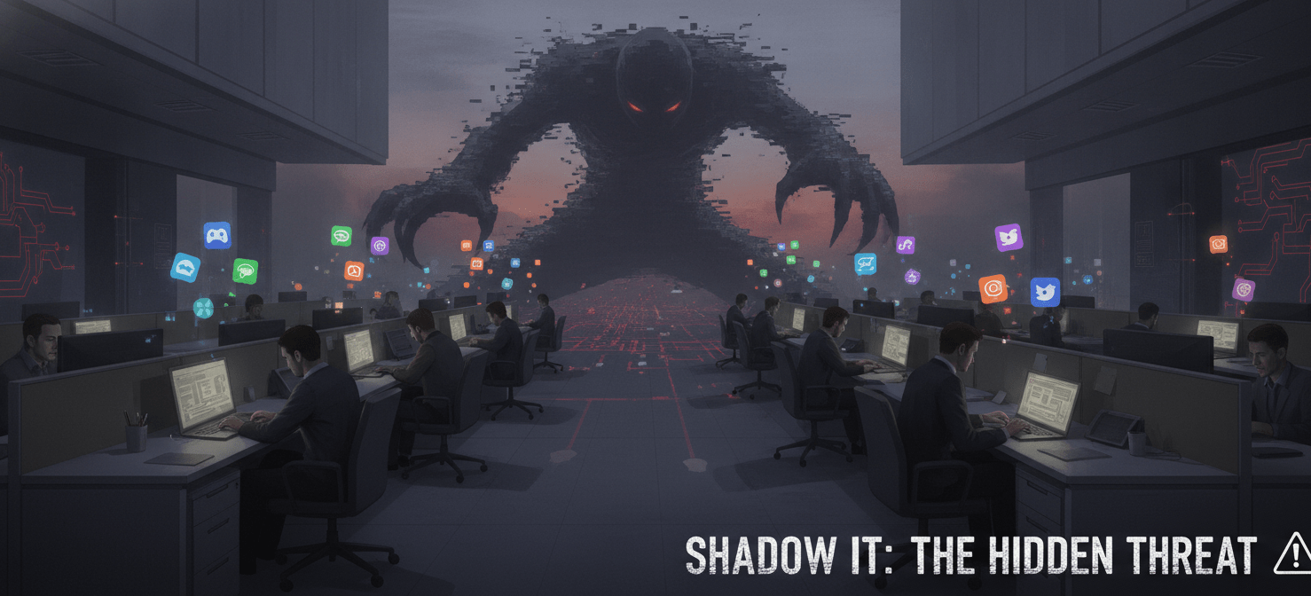 Illustration depicting employees using unapproved software, with various app icons floating above their devices, while a shadowy figure in the background represents the hidden risks and lack of IT oversight associated with shadow IT practices.