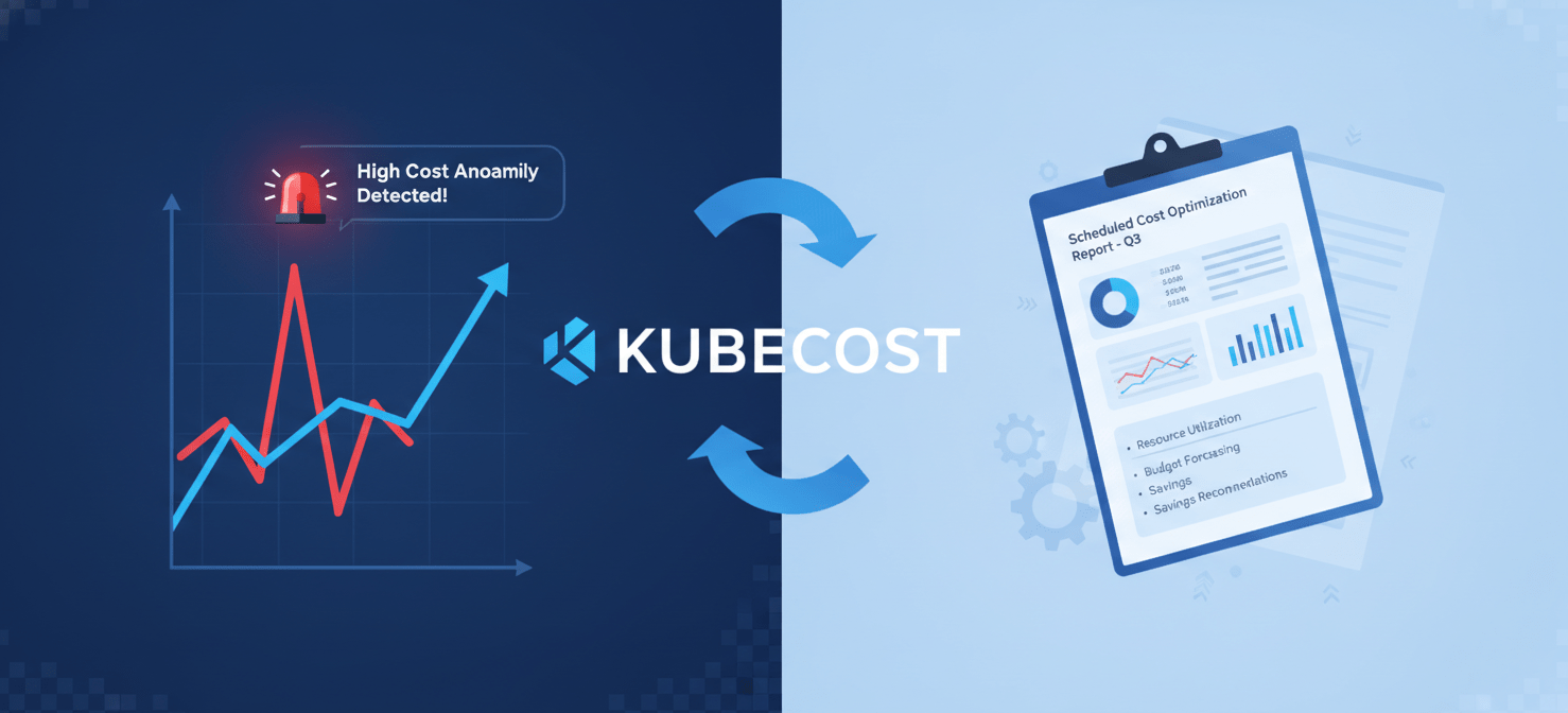 Illustration depicting Kubecost's alerting and reporting features. It shows a cost anomaly being detected and triggering an alert, alongside a professional, scheduled cost report, highlighting proactive financial operations and stakeholder communication.