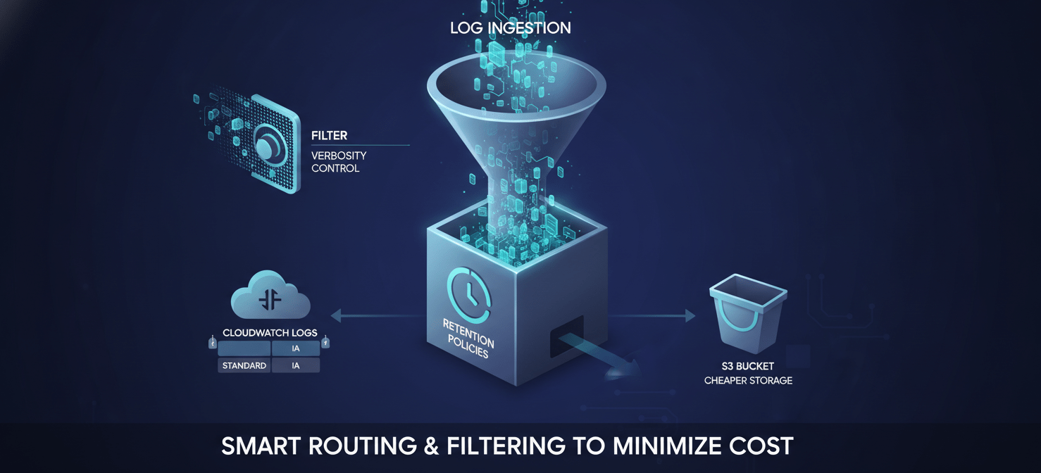 Illustration depicting various strategies to optimize CloudWatch log costs, including filtering log verbosity, setting retention policies, choosing log classes, and routing high-volume logs to S3.