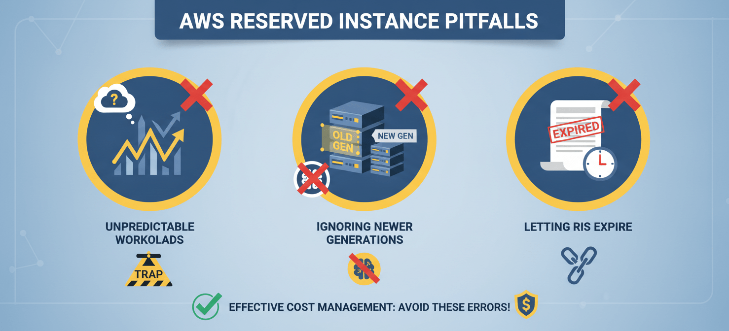 Illustration highlighting common mistakes to avoid when utilizing AWS Reserved Instances, such as purchasing for unpredictable workloads, neglecting newer instance generations, and allowing reservations to expire, all of which can lead to suboptimal cost savings.