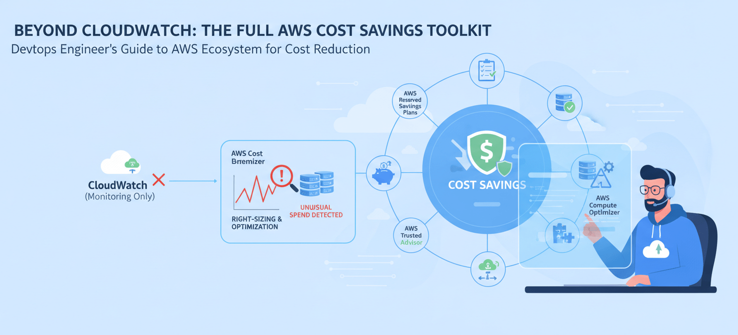 Illustration of a DevOps engineer leveraging AWS Cost Anomaly Detection and AWS Compute Optimizer to identify and address cost inefficiencies across their cloud infrastructure.