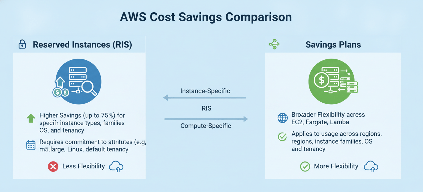 Infographic comparing AWS Reserved Instances and Savings Plans, detailing their different commitment models. Reserved Instances focus on specific instance configurations for higher discounts, while Savings Plans offer flexibility by committing to a dollar amount of compute usage across various services.