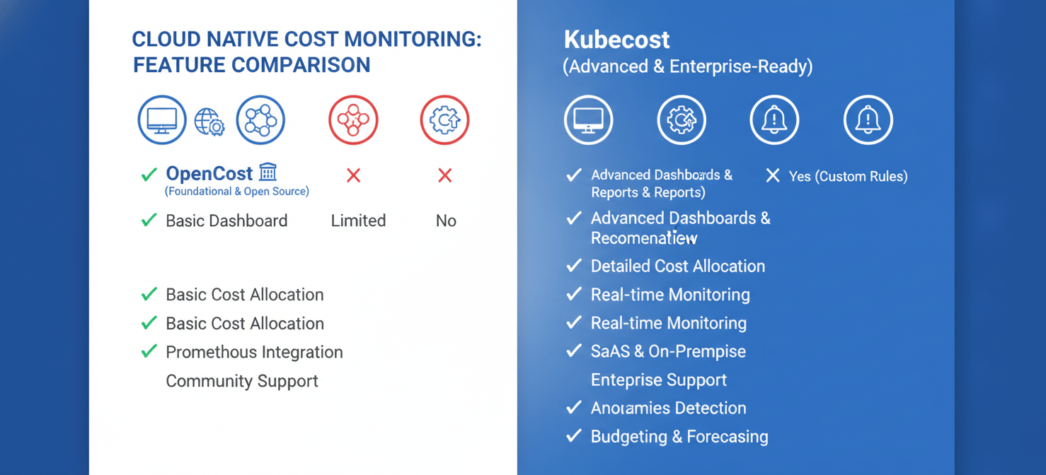 Infographic comparing core features of OpenCost and Kubecost. OpenCost is shown with basic cost allocation and community support, while Kubecost highlights advanced UI, multi-cluster views, cost optimization recommendations, and built-in alerting and reporting capabilities.