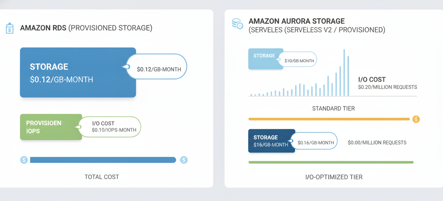 Infographic comparing RDS provisioned storage costs with Aurora's two-tier storage model (Standard with I/O charges vs. I/O-Optimized with higher storage but no I/O charges). It highlights how I/O can be a hidden multiplier in an Aurora vs RDS cost comparison.