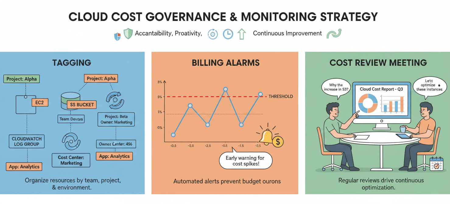 Multi-panel illustration depicting a comprehensive cloud cost governance strategy, including resource tagging for allocation, setting up billing alarms for early warnings, and establishing regular cost review meetings.