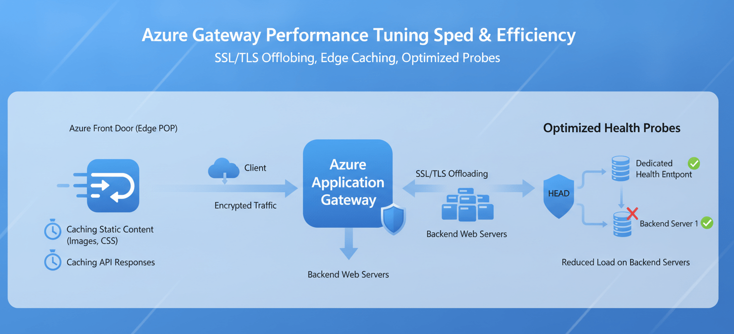 Technical diagram illustrating performance tuning for Azure gateways, including SSL/TLS offloading, strategic caching of static and API content at the edge, and optimized health probes using HEAD requests to improve application responsiveness.