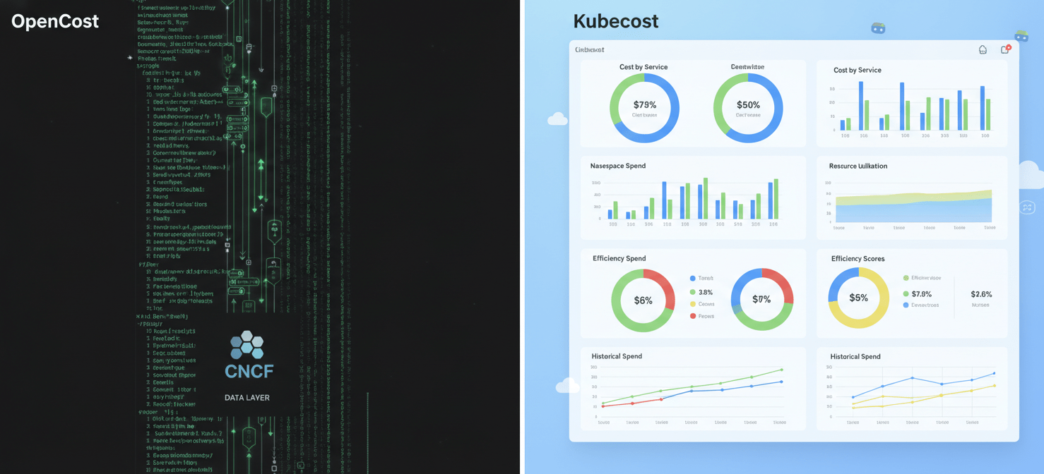Visual comparison of OpenCost and Kubecost interfaces. OpenCost is shown as a foundational data layer with code snippets and a CNCF logo, while Kubecost is depicted with a comprehensive, user-friendly dashboard displaying cost allocation, optimization, and reporting features.