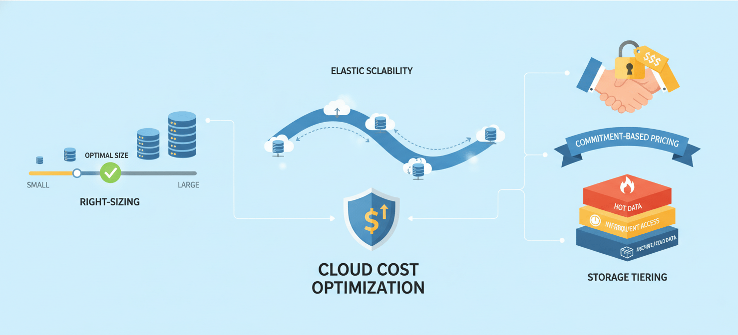 Visualizing key strategies for predictable cloud spending, including right-sizing resources, implementing autoscaling, leveraging commitment-based pricing models like Reserved Instances and Savings Plans, and optimizing storage tiering.