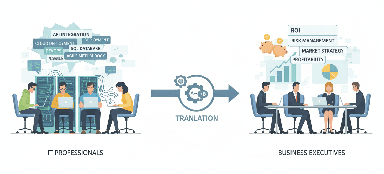 Visualizing the communication gap between IT security teams and business leadership, highlighting the need to translate technical jargon into business-relevant terms like ROI and risk.