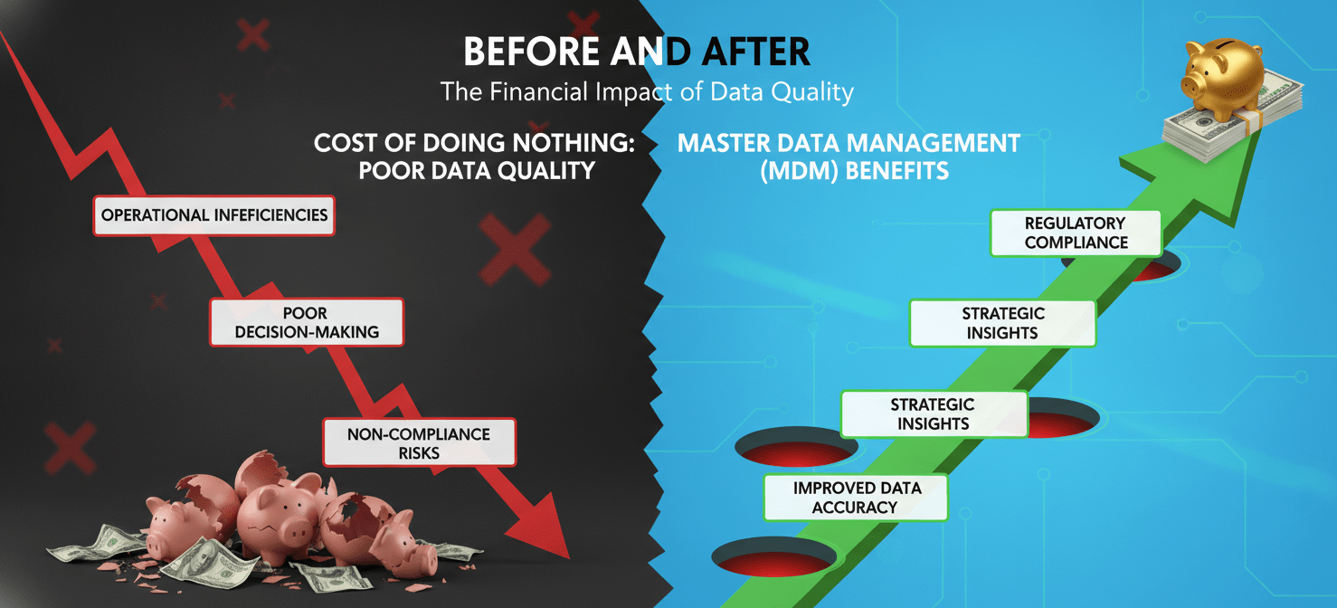 Visualizing the financial repercussions of inaction, such as operational inefficiencies, flawed decision-making due to poor data quality, and risks of non-compliance, contrasting with the benefits of MDM. This highlights the significant opportunity cost of maintaining the status quo and underscores the importance of a comprehensive total cost of ownership analysis.