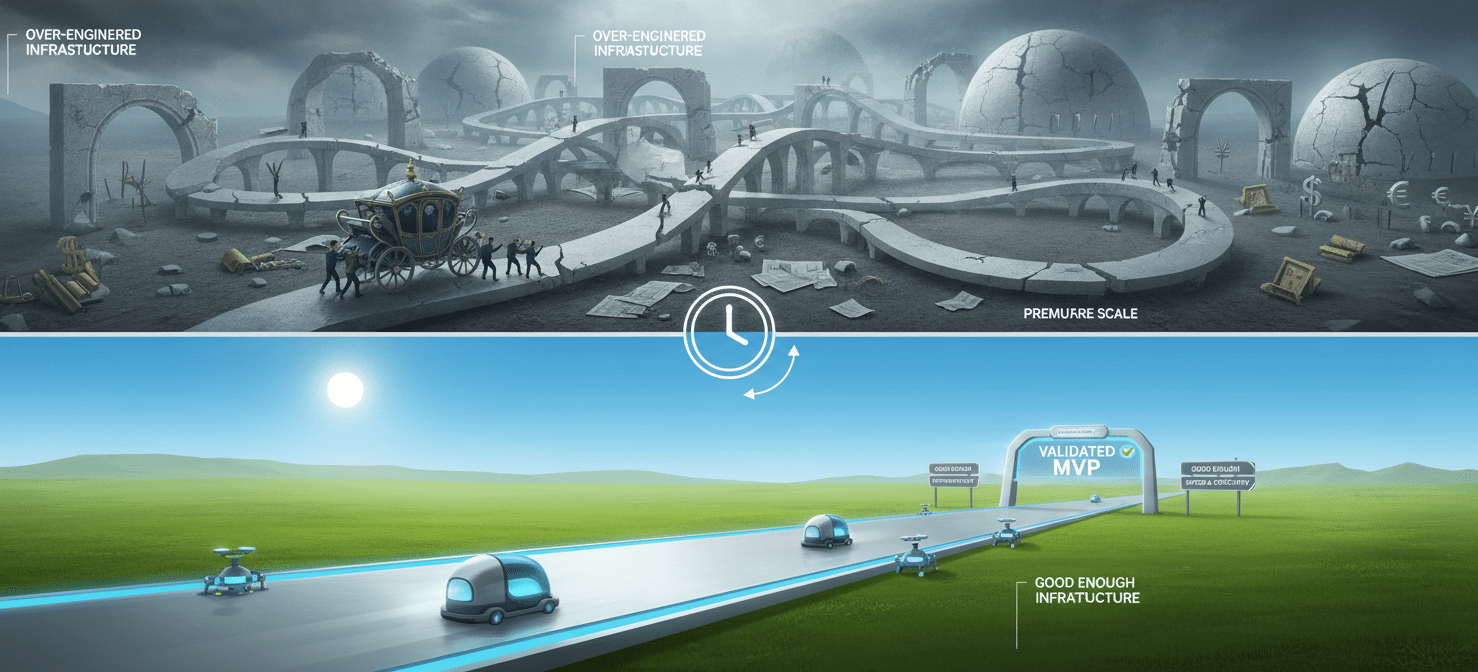 Visualizing the 'good enough' infrastructure approach for startups, prioritizing speed and iteration over premature scalability. It contrasts a lean, efficient path to MVP validation with an over-engineered, resource-intensive alternative that drains runway.