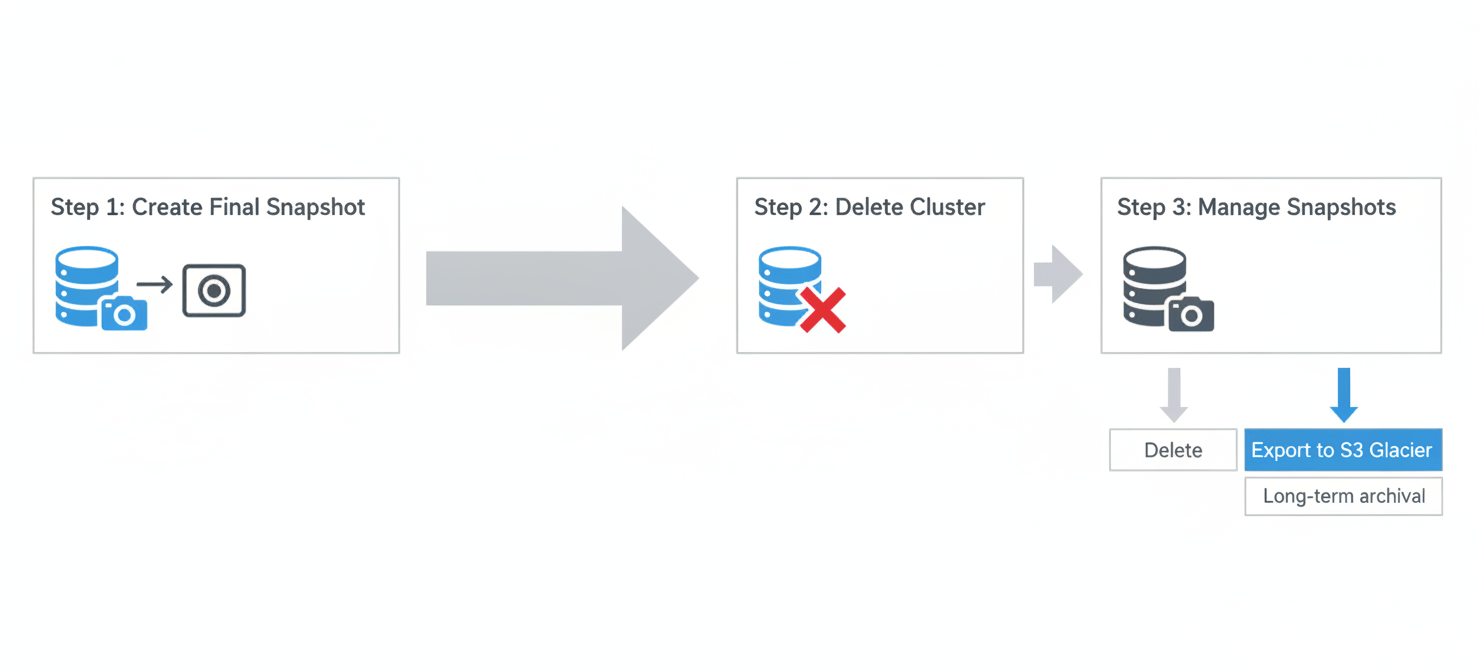 Workflow diagram outlining steps to truly minimize costs for an inactive Aurora cluster, including creating a final snapshot, deleting the cluster, and managing manual snapshots by deleting them or exporting data to S3 Glacier for cheaper archival.
