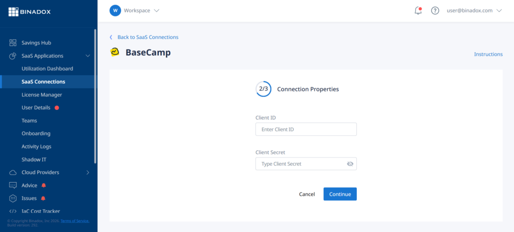 BaseCamp connection properties
