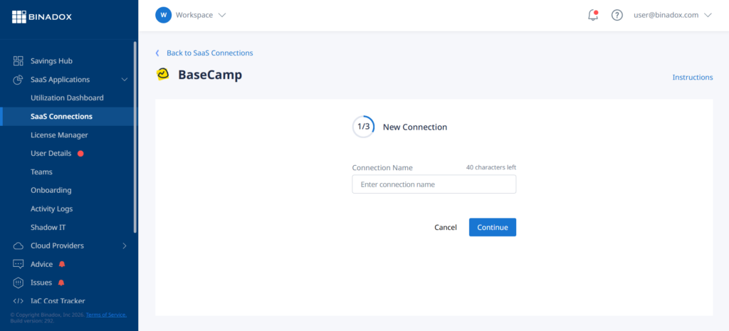 Create new connection in Binadox
