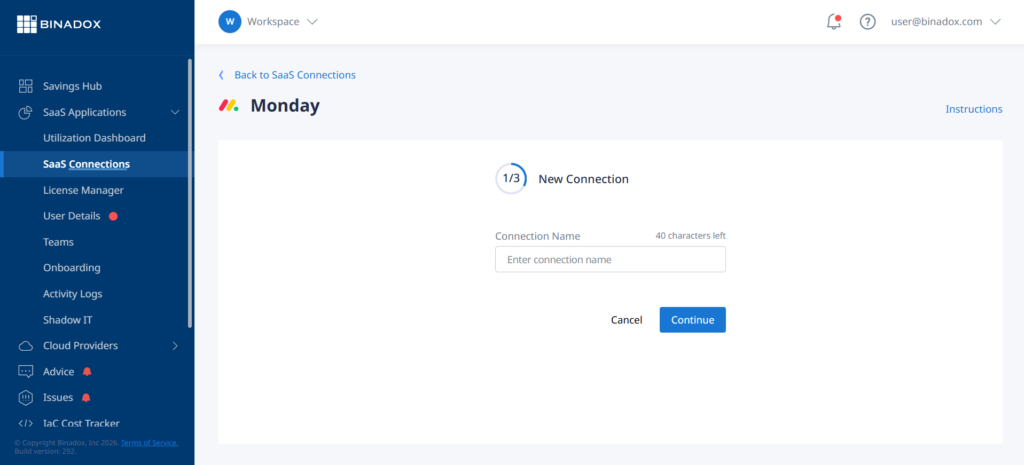 Create new connection in Binadox