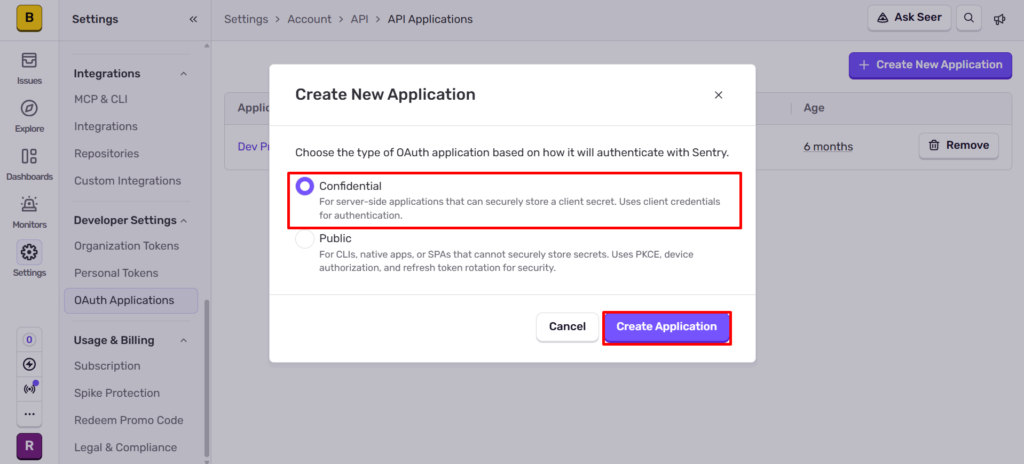 Select the Confidential type of OAuth