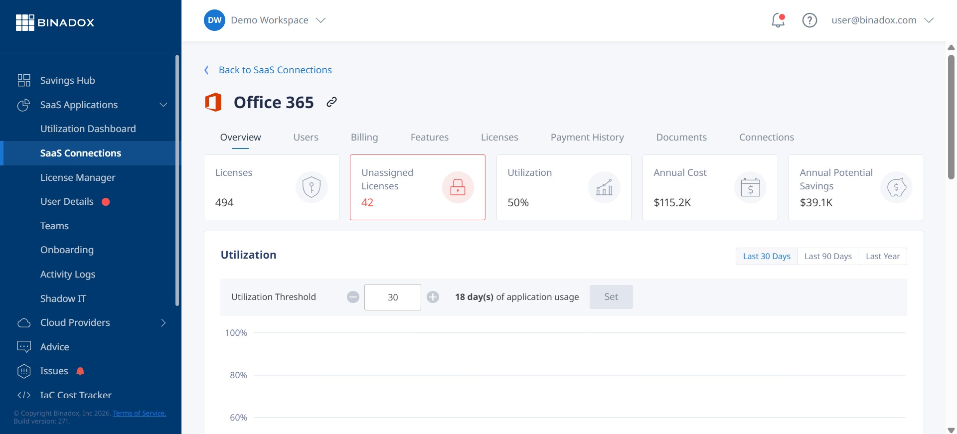 A Binadox dashboard screenshot displaying key insights from Freshdesk data, including a chart of inactive users, a breakdown of license tier distribution, and a projection of potential cost savings, demonstrating the benefits of integrated SaaS spend management.