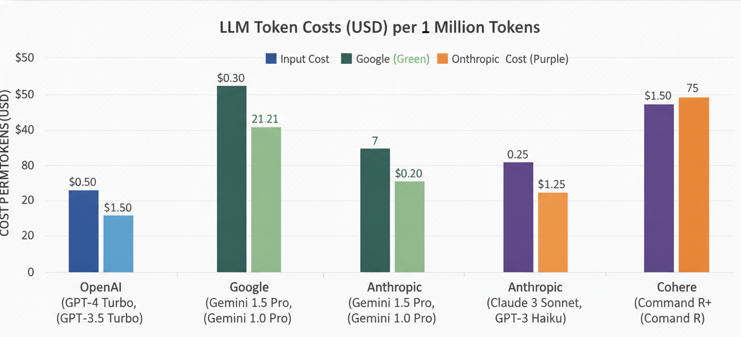A comparative data visualization showcasing the input and output token costs per 1 million tokens for leading LLM providers like OpenAI, Google, Anthropic, and Cohere across their various model tiers. The chart highlights the significant price disparities, aiding in strategic model selection based on cost-efficiency.