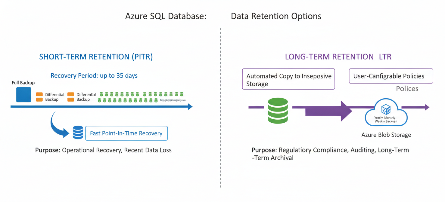 A comparative diagram illustrating the differences between Azure SQL Database's Short-Term Retention (Point-in-Time Restore) for operational recovery and Long-Term Retention for compliance and archival needs, highlighting their respective durations and underlying backup mechanisms.