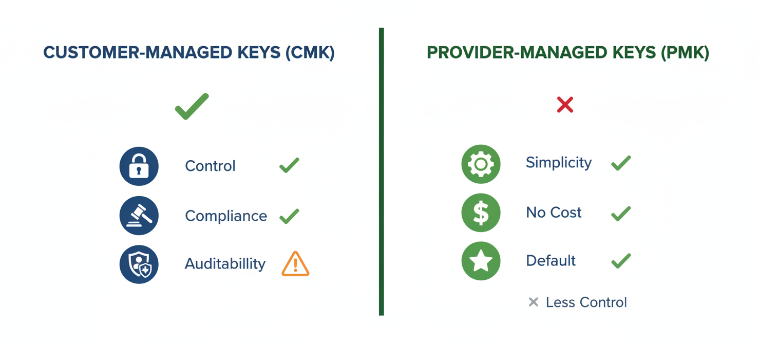 A comparative illustration highlighting the differences between Customer-Managed Keys (CMK) and Provider-Managed Keys. The CMK side emphasizes benefits like enhanced control, compliance, and auditability, alongside the increased responsibility. The Provider-Managed Keys side focuses on simplicity, no additional cost, and default cloud encryption, with less direct customer control.