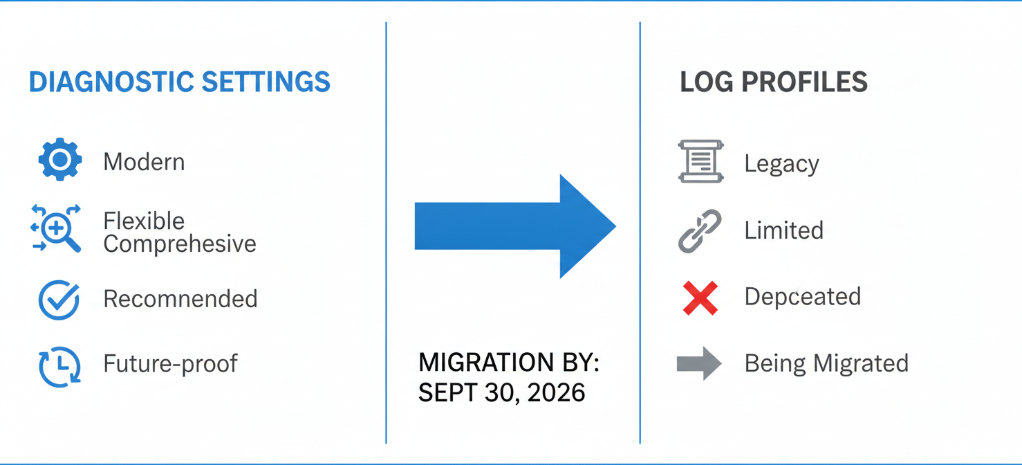 A comparison chart illustrating the differences between modern Diagnostic Settings and legacy Log Profiles for Azure log export, highlighting Diagnostic Settings as the recommended and future-proof method with broader capabilities.