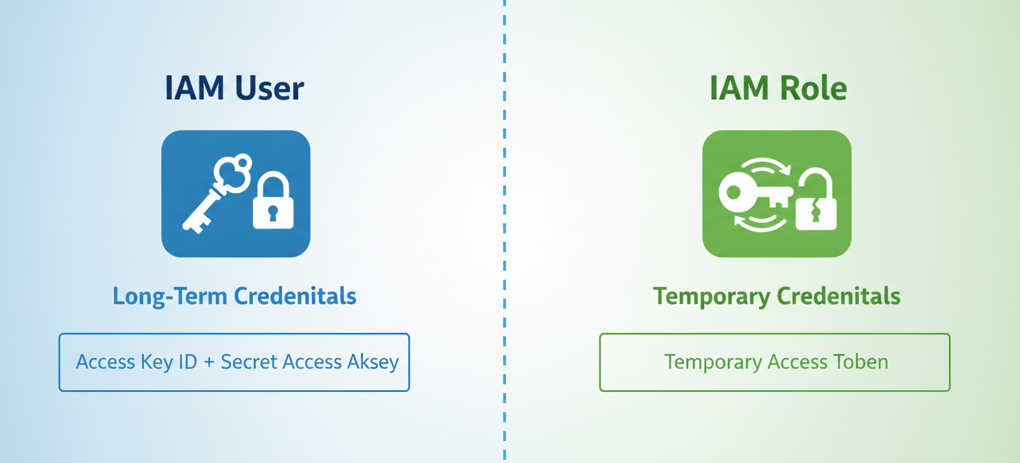A comparison diagram illustrating the fundamental difference between AWS IAM Users, depicted with static, long-term credentials, and IAM Roles, shown with temporary, auto-rotating credentials for enhanced security and flexibility.