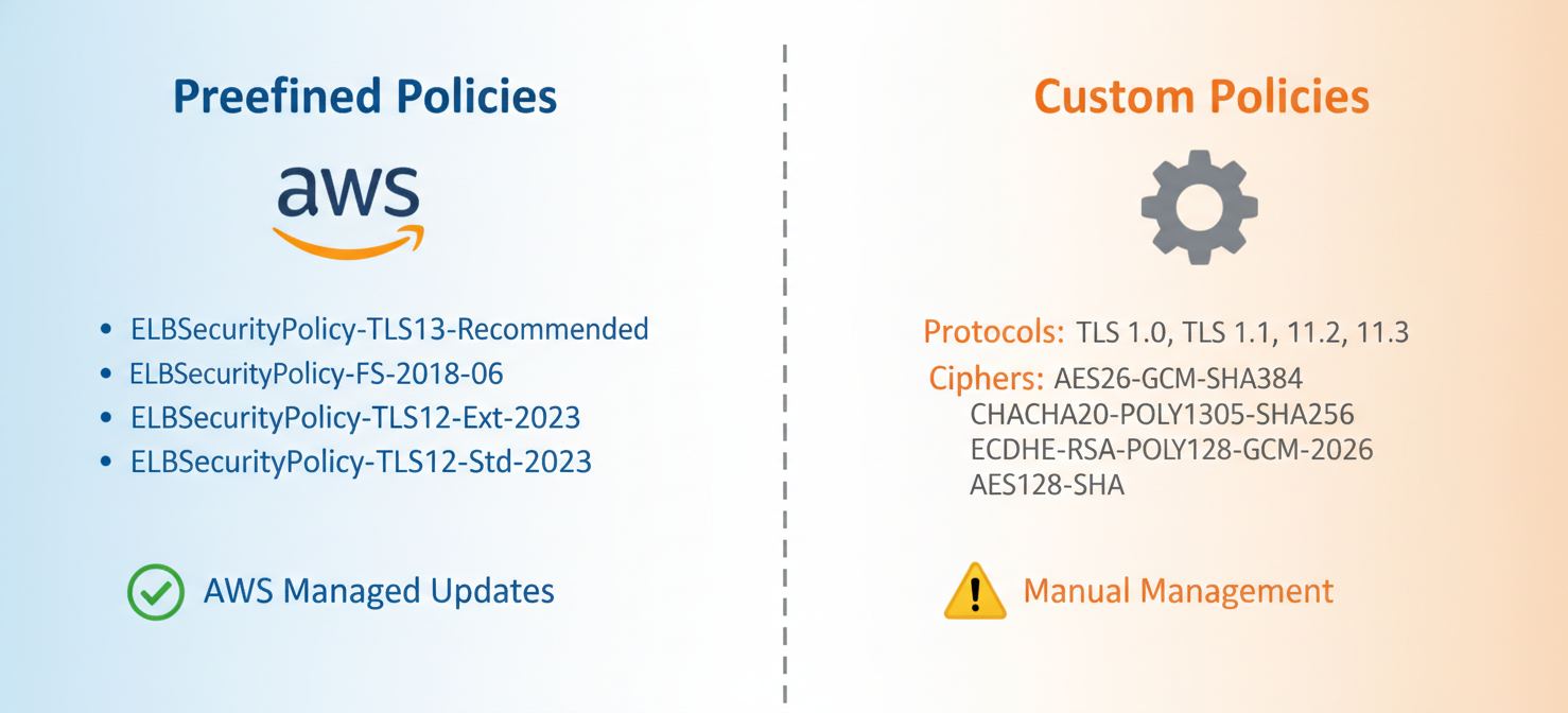 A comparison graphic contrasting AWS predefined security policies with custom security policies. It highlights that predefined policies are AWS-managed and updated, while custom policies offer granular control but require manual maintenance, particularly for Classic Load Balancers.