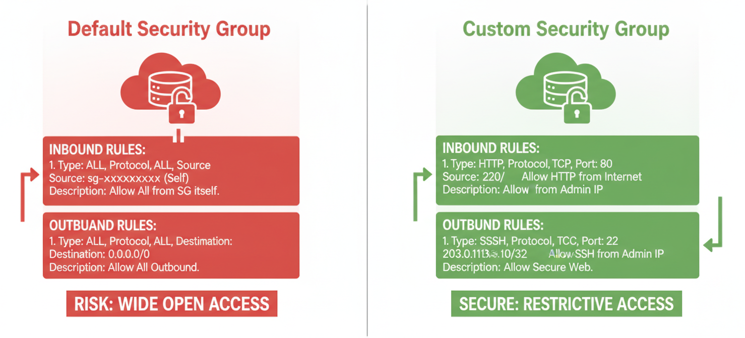 A conceptual diagram contrasting a default security group with a custom security group. The default group is depicted with broad, permissive rules, while the custom group shows tightly restricted, specific rules, illustrating the importance of custom configurations for enhanced security.