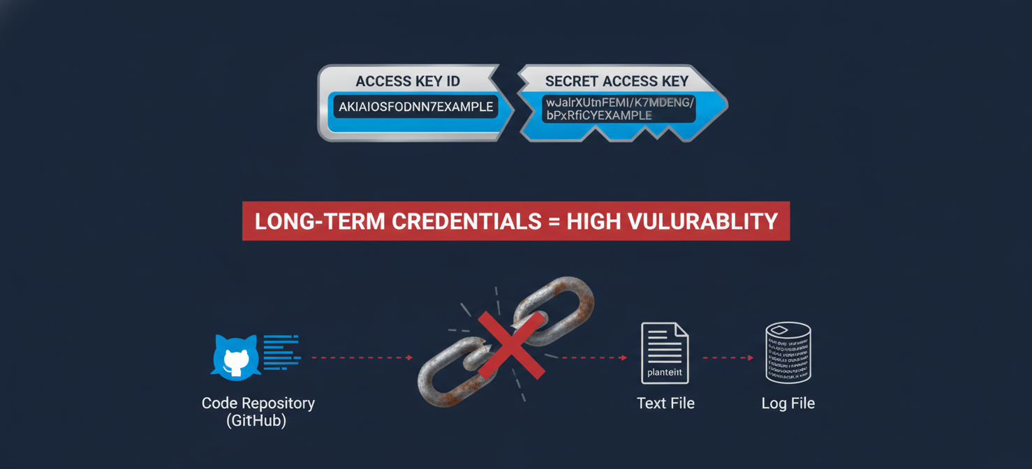 A conceptual diagram explaining AWS access keys, showing the Access Key ID and Secret Access Key. It illustrates common exposure points like code repositories and log files, emphasizing the security risks associated with long-term credentials if not properly managed.