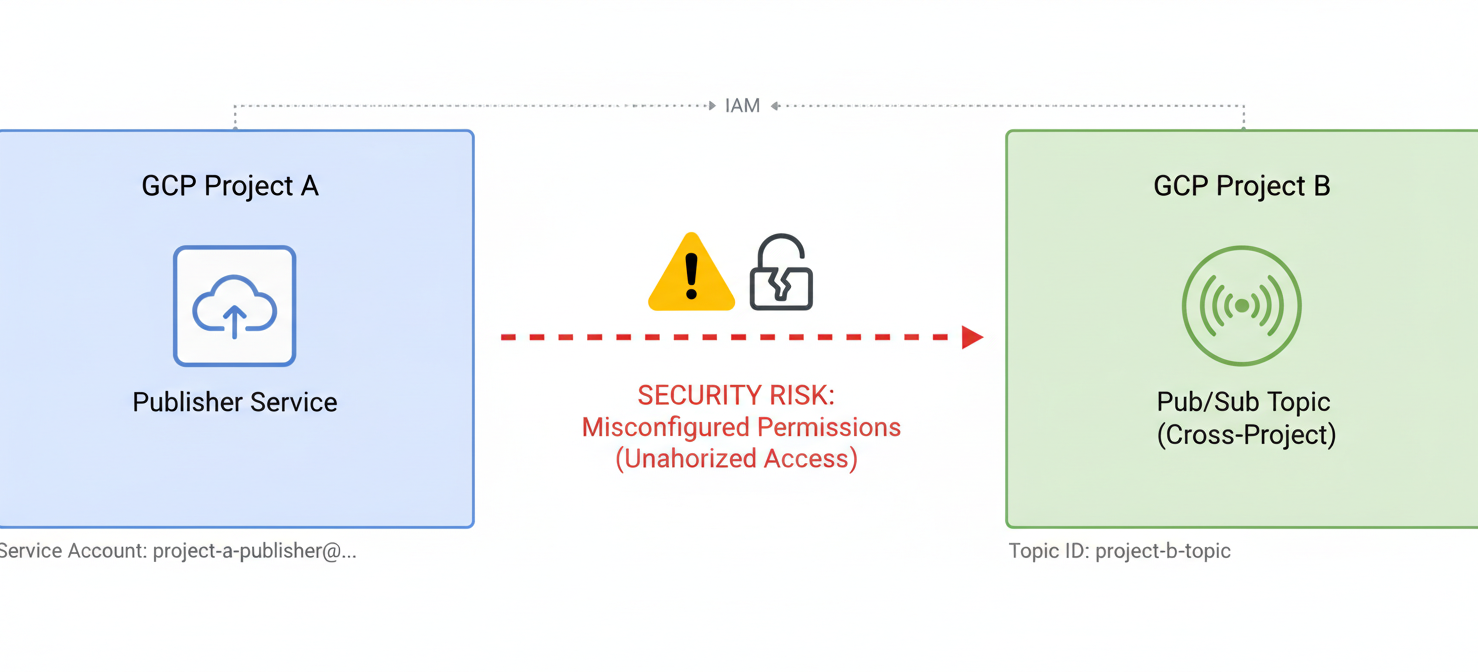 A conceptual diagram illustrating cross-project Pub/Sub communication. A publisher in Project A sends messages to a Pub/Sub topic in Project B. A warning symbol overlays the connection, representing the security concerns associated with misconfigured permissions and the risk of unauthorized data access or exfiltration in such multi-project setups.